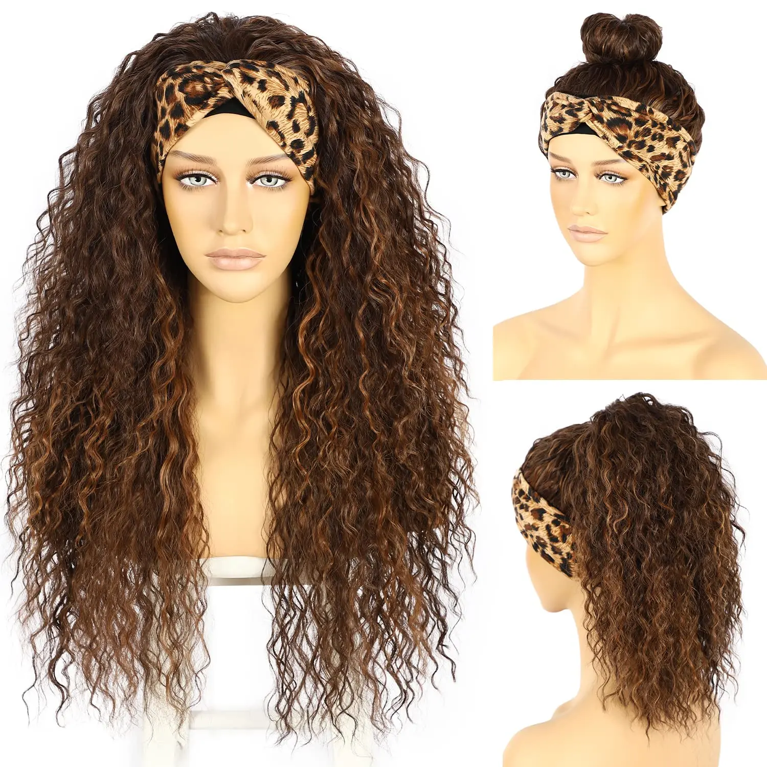 BeautyTown Headband Wigs for Black Women Synthetic Brown Highlight Loose Curly None Lace Front Wigs 150% Density 26 Inch