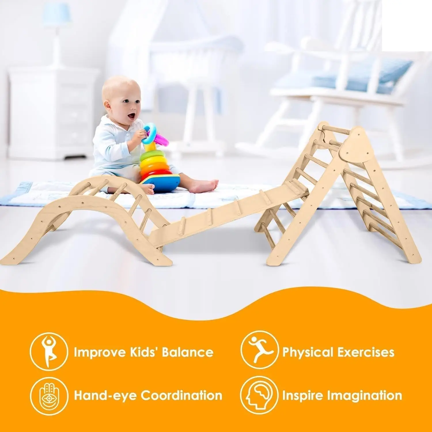 6-in-1 Pikler  Wood Adjustable Triangle Set Wooden Montessori Climbing Set with Ramp Arch Slide and Net Climbing Toys Indoor 5