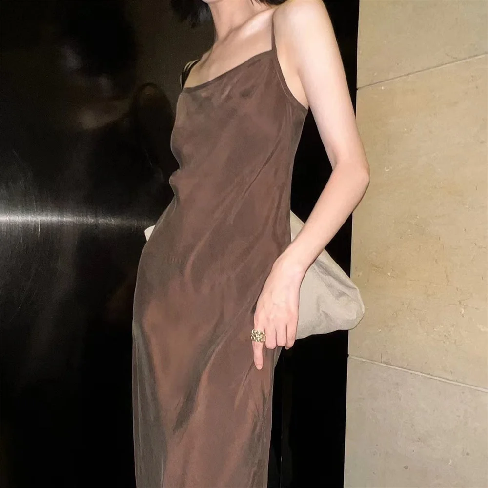 

Autumn/winter New Line Line Neck Oblique Cut Open Back Suspended Dress Copper Spandex Slim Fit Long Dress