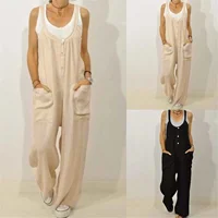 Women Casual Loose Cotton Linen Solid Pockets Jumpsuit Overalls Wide Leg Cropped Pants Jumpsuits for Women 1