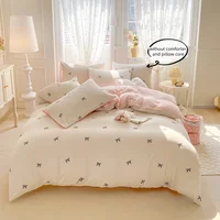 Ensemble de draps 3 pièces, housse de couette brodée avec nœud papillon rose, ensemble de literie confortable, couvre-lit pour toutes les saisons 5