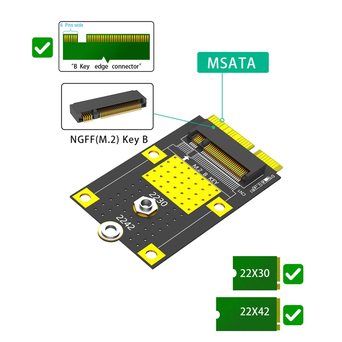 멀티 시스템 PC용 SSD 카드 어댑터, MSATA-M.2(NGFF) 키 B 어댑터, 2230/2242