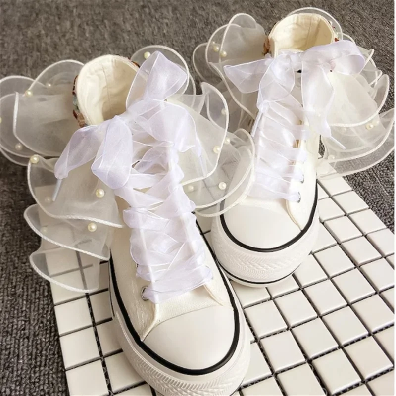 

Thick bottom waterproof table pearl lace handmade custom canvas shoes rhinestone high top casual shoes women's large size 35-44