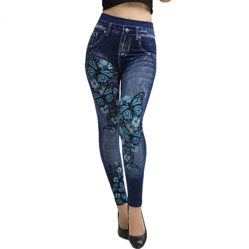 

Seamless Slim Leggings Women Faux Denim Jeans Butterfly Leggings Fitness Workout Pocket Printing Pencil Pants Sports Jeggings