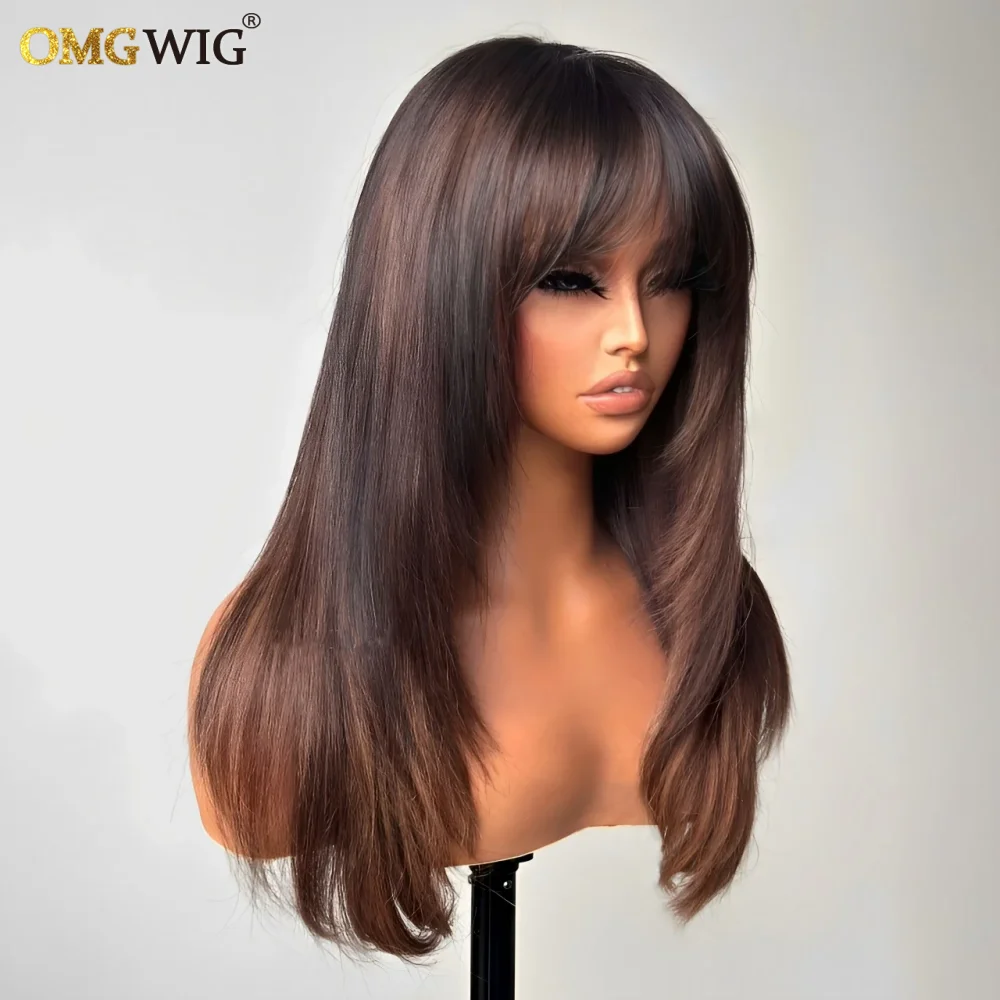 5x7/4x4 Glueless Lace Brown Highlight Color Straight Wig With Bangs 360 Lace Wear To Go Layered Cut Wig With Invisible Straps