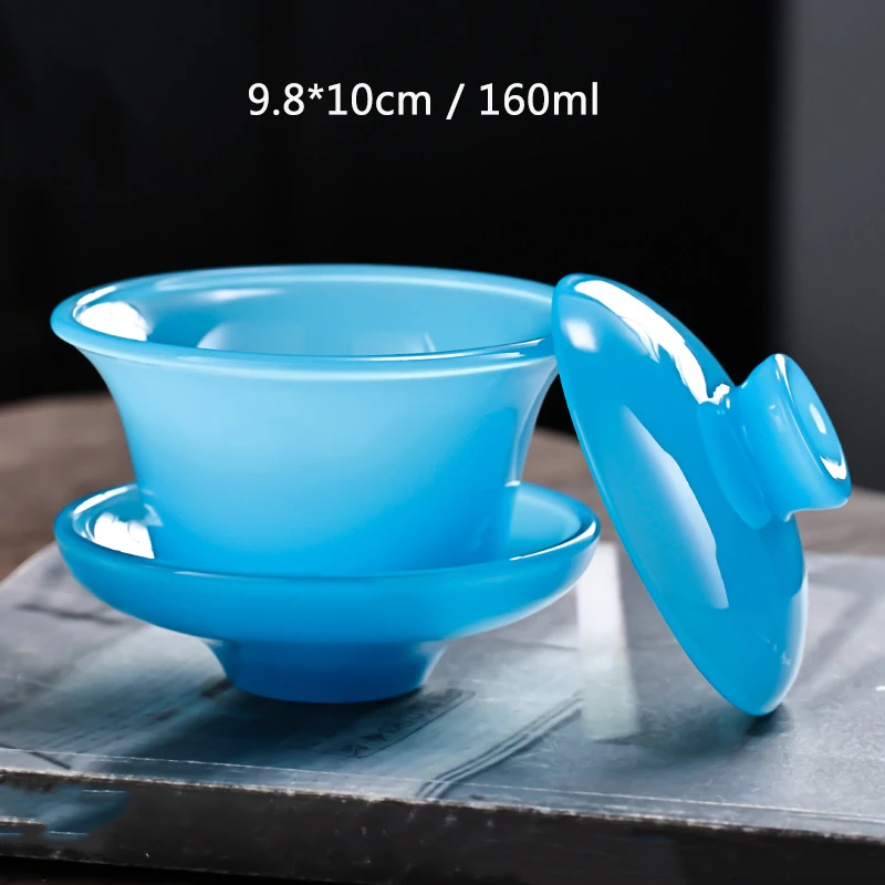 Chinese Tea Bowl Ice Blue Jade Porcelain Gaiwan Glass Coloured Glaze Large Capacity Kungfu Gawian Tea Set for Cha Hai