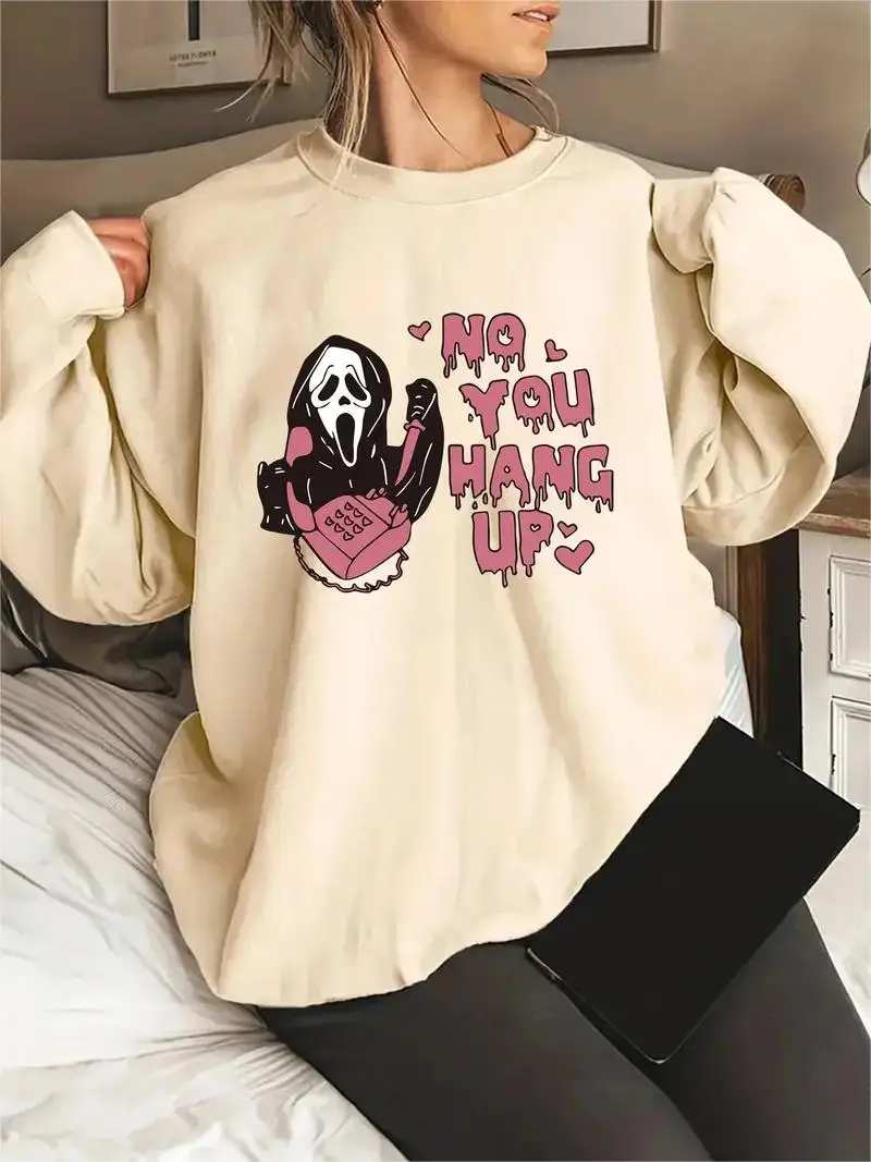 Grim Reaper Slogan Print Long Sleeve Round Neck Pullover Top Women's Plus Size Halloween Casual Sweatshirt