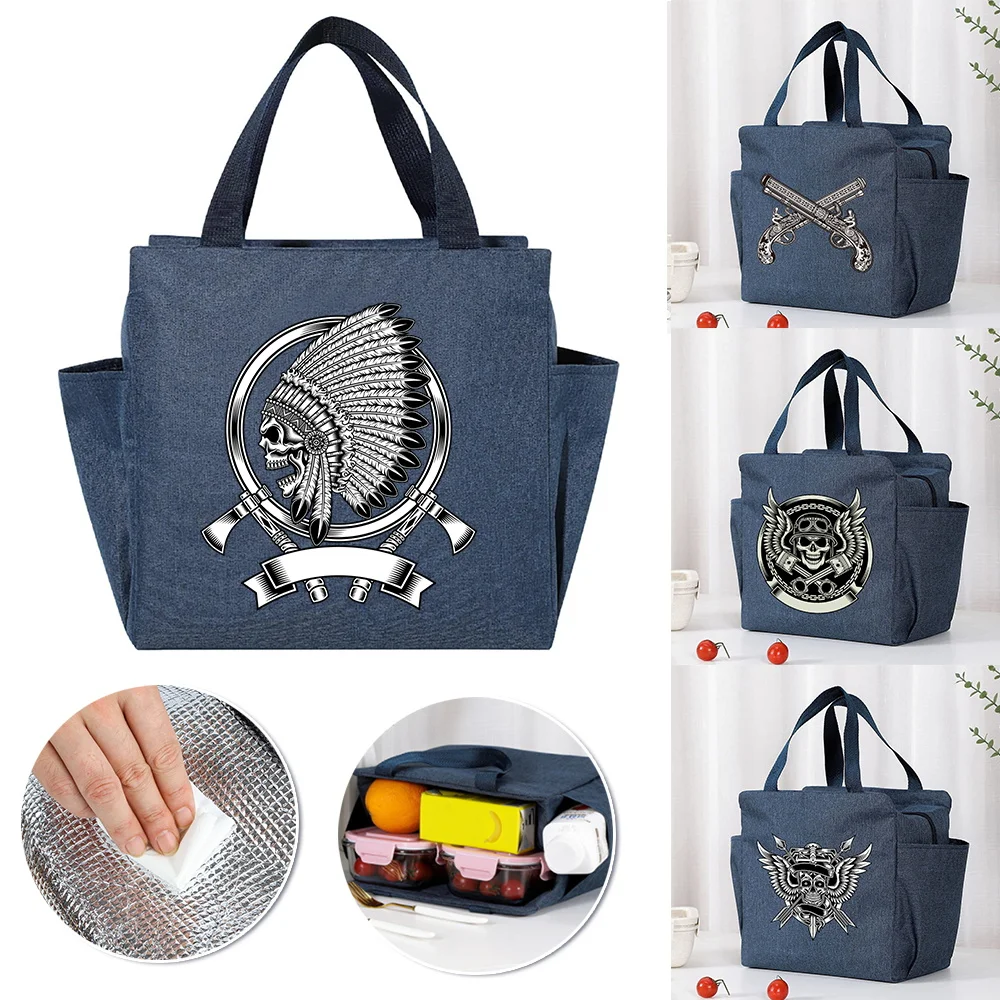 Insulated Cooler Bag Large Capacity Portable Zipper Thermal Lunch Bags for Women Lunch Box Picnic Food Bag Skull Pattern