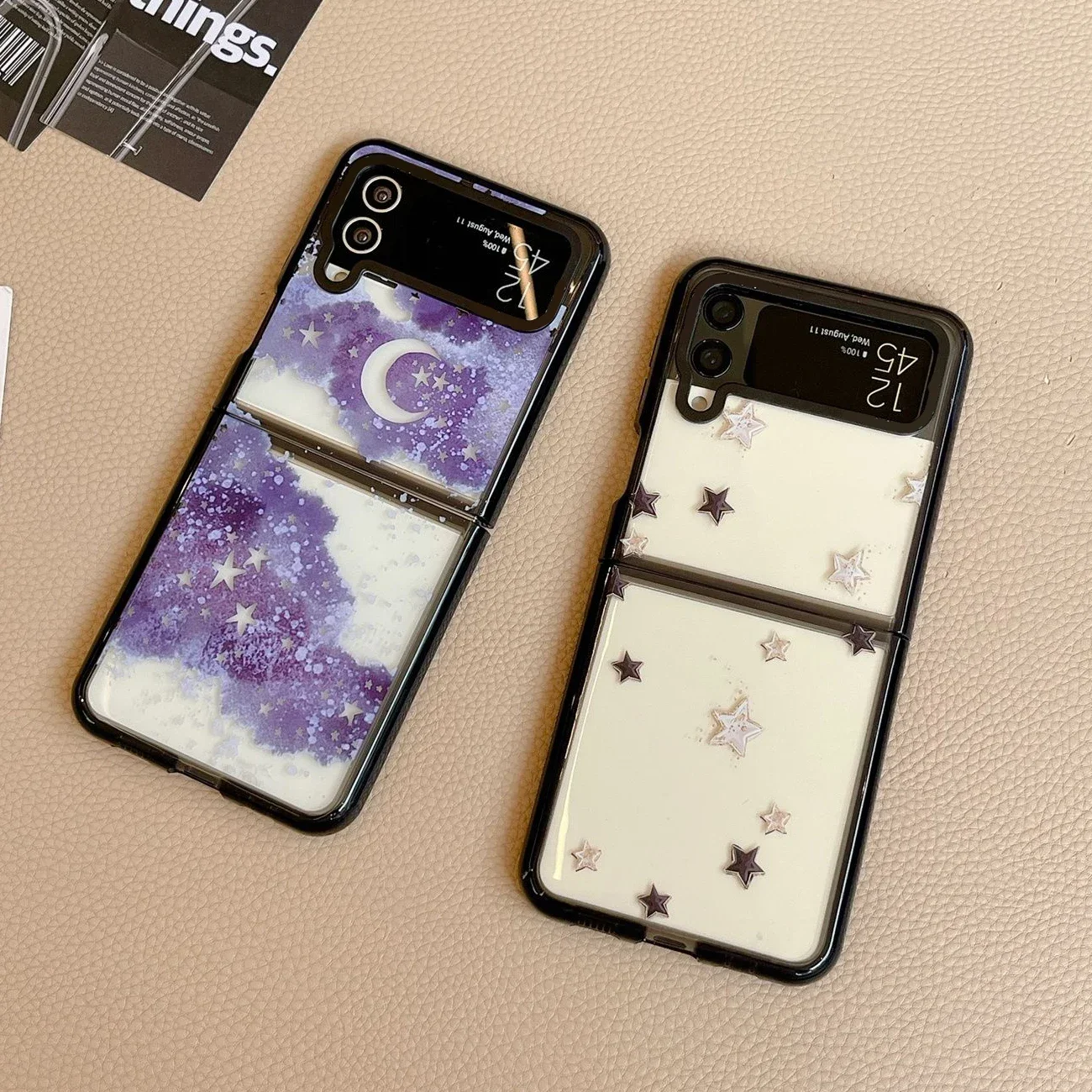 Black Border Acrylic Moon Star Phone Case for Samsung Galaxy Z Flip 5 4 3 Back Cover for ZFlip3 ZFlip4 ZFlip5 Hard Case Shell