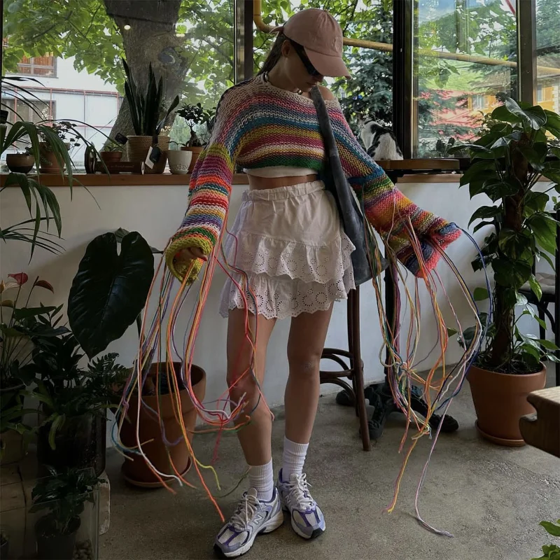 Tassel Contrast Holiday Sweater Pullovers For Women Loose Flared Sleeve Beach Boho Knit Female Cover up Pullover Crop top