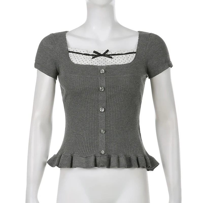 Camiseta elegante para mujer, con retazos de encaje, cuello cuadrado, de punto, dobladillo con volantes, Y2K, color gris