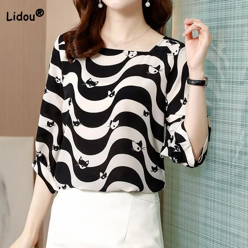 

Корейская модная полосатая блузка с квадратным воротником для женщин, летняя повседневная универсальная рубашка с рукавом 3/4 и мультяшным принтом, женская одежда