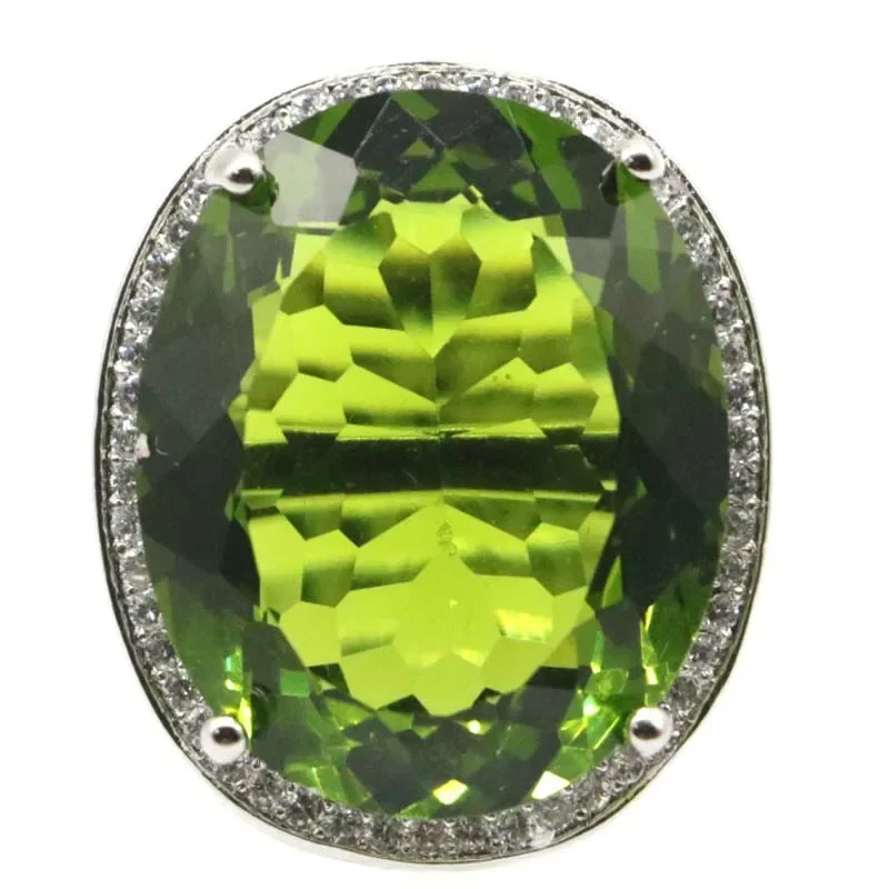 

25x21mm SheCrown Unique Big Gemstone Green Peridot CZ Dating Mens Silver Rings Many Sizes 6-11