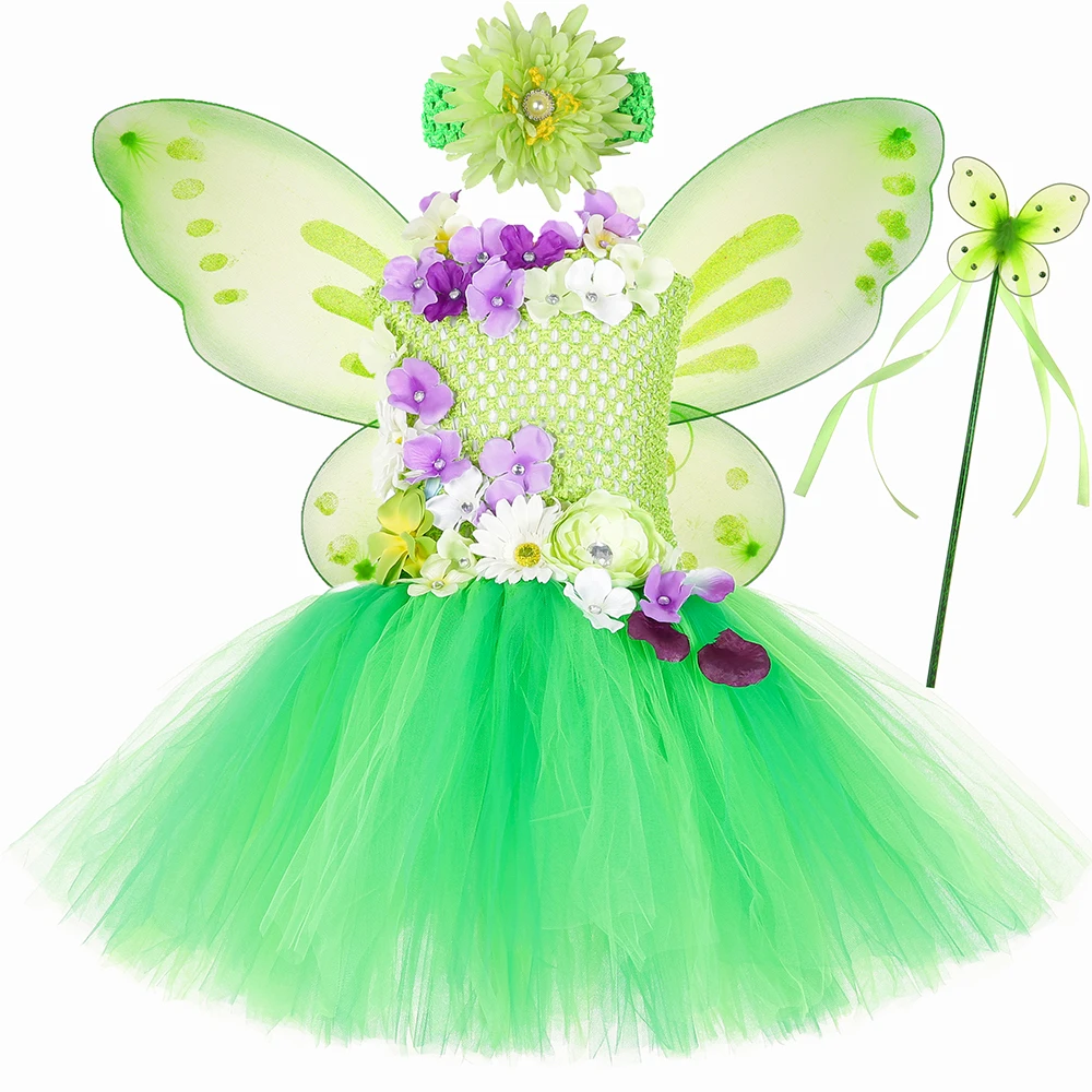 

Green Flower Fairy Tutu Dress for Girls Birthday Party Ball Gown Forest Pixie Fairy Costume Kids Tulle Princess Dress with Wings