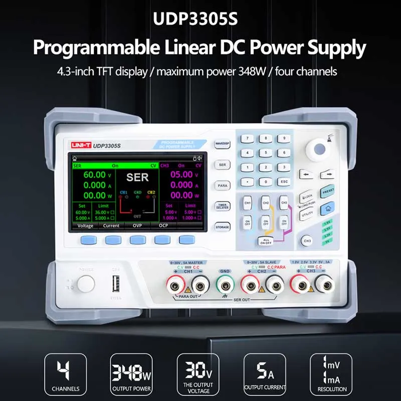 UNI-T UDP3305S-E UDP3305S 프로그래밍 가능한 조정 가능한 DC 전원 공급 장치, 실험실 전압 조정기, 4 채널 고정밀, 30V 5A