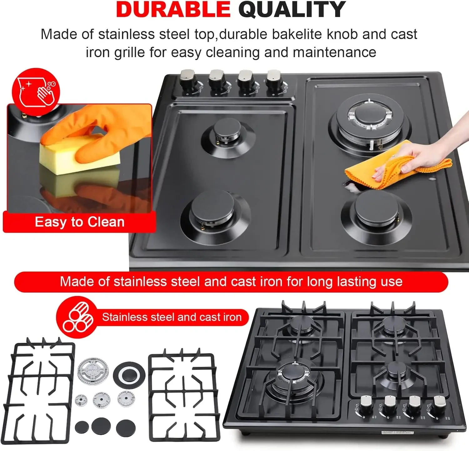 in Gas Cooktop 4 Burners Stainless Steel Stove with NG/LPG Conversion Kit Thermocouple Protection and Easy to Clean 5