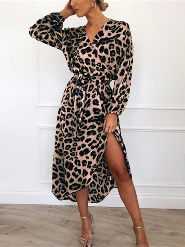 

Leopard Printed Irregular Long Dresses For Women Sexy V-neck High Waist Leace-up A-line Dress Fashion Female Vestidos Streetwear