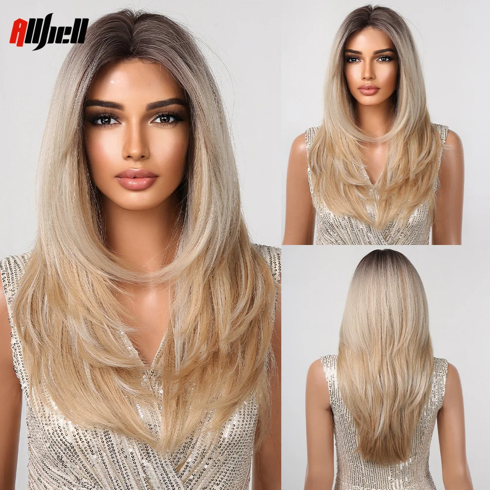 

Ombre Brown Blonde Layered Hairline Lace Synthetic Wigs for Women Long Straight Wig Middle Part Heat Resistant Cosplay Wedding