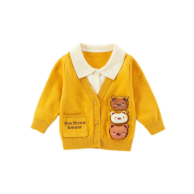 New 0-3 Year Spring Autumn Infant Boys Cardigan Fake Two Pieces Patched Cartoon Bear Newborn Boys Sweater Stylish Baby Coat