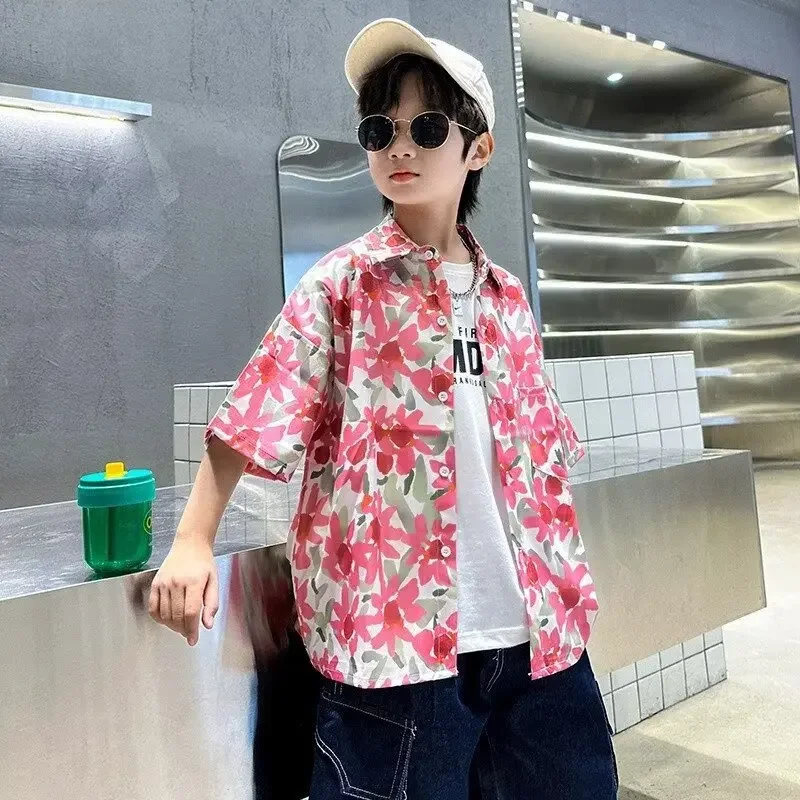 아동복 남아용 반팔 꽃무늬 셔츠, 홍콩 스타일 셔츠, 중대형 아동복, 여름 유행 브랜드, 2024 신상