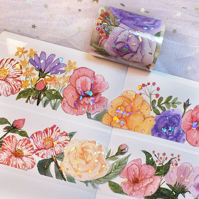 Flowers Scrapbooking Stickers Aesthetic DIY Card Making Planner Journaling Collage Materials 2M/Roll Laser Washi PET Tape