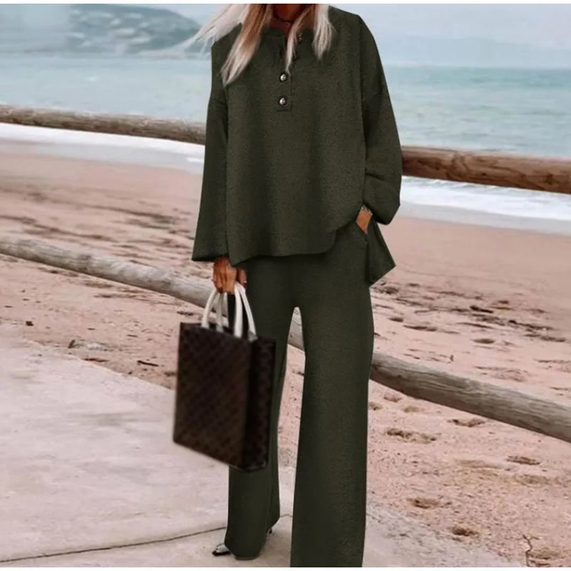2022 Fashion Women Pant Sets 2 Pieces Spring Suits Casual Long Sleeve Solid Blouse Long Wide Leg Trousers Loose Matching Sets plus size jogging suits