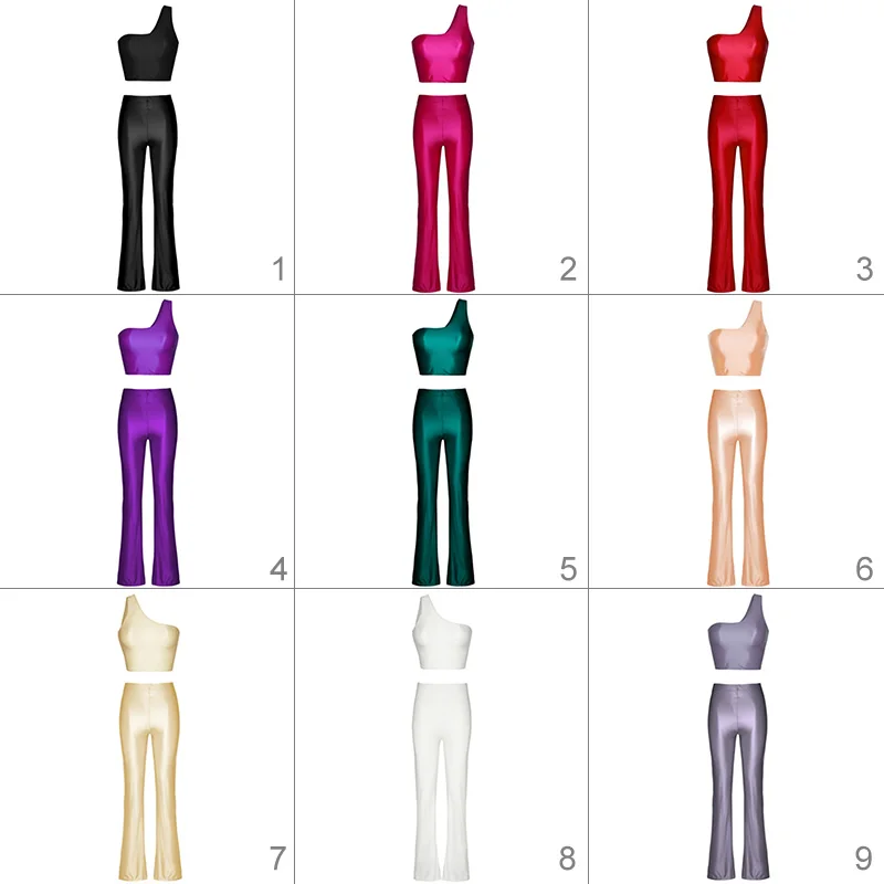 Women Sexy Oil Shiny Glossy Jumpsuit Bodysuit Stretch Spandex Top Flared Pants One-piece Leotard Catsuit Flared Pants