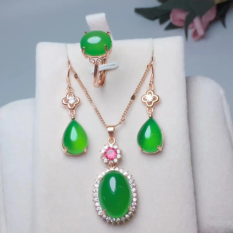 

Luxury Rose Gold 925 Silver Jewelry Sets Natural Green Jade Chalcedony Ring/Earrings/Necklace Gemstone Fine Party Jewelry Gifts