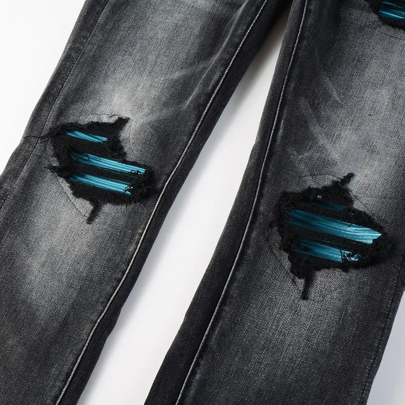 Latest Street Fashion Men's Jeans High Quality Vintage Black Elastic Tight Split Green Patch Hip Hop Jeans Designer Brand Pants