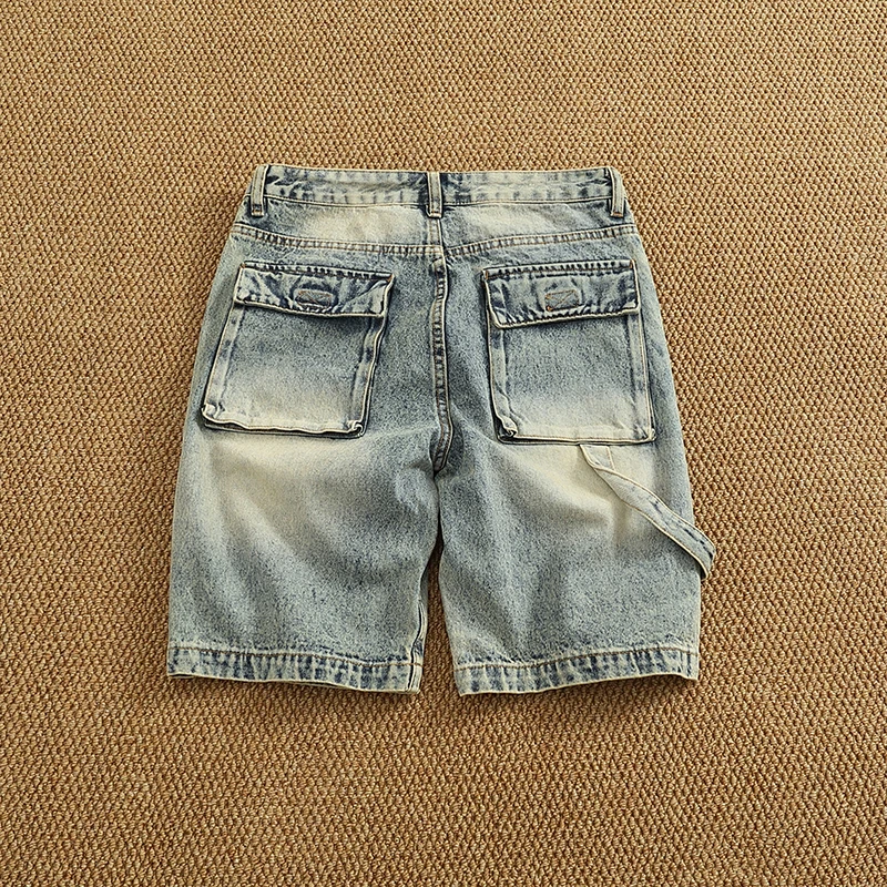 Summer new popular denim medium pants fashion men high street trend fashion baggy multi-pocket cargo quarter pants