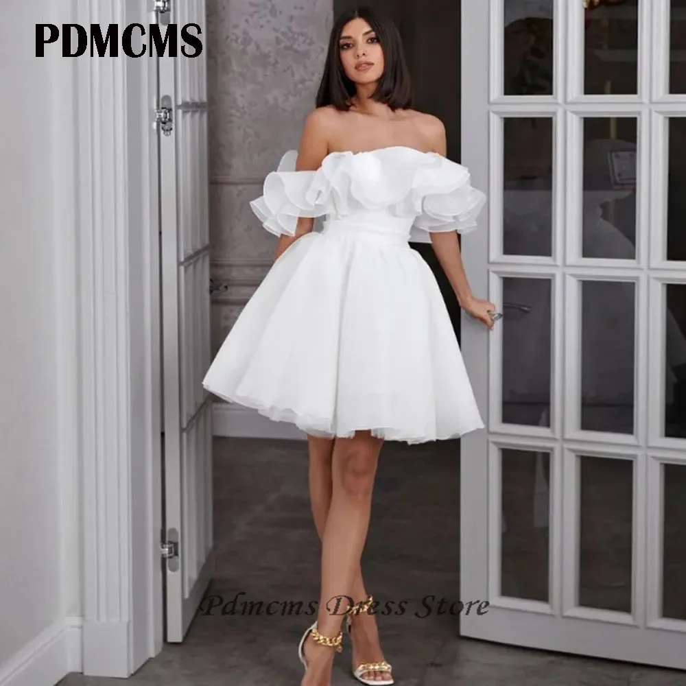 

PDMCMS White Chiffon A-Line Wedding Dresses Off The Shoulder Short Evening Dress Boho Beach Bridal Prom Gowns Custom Made