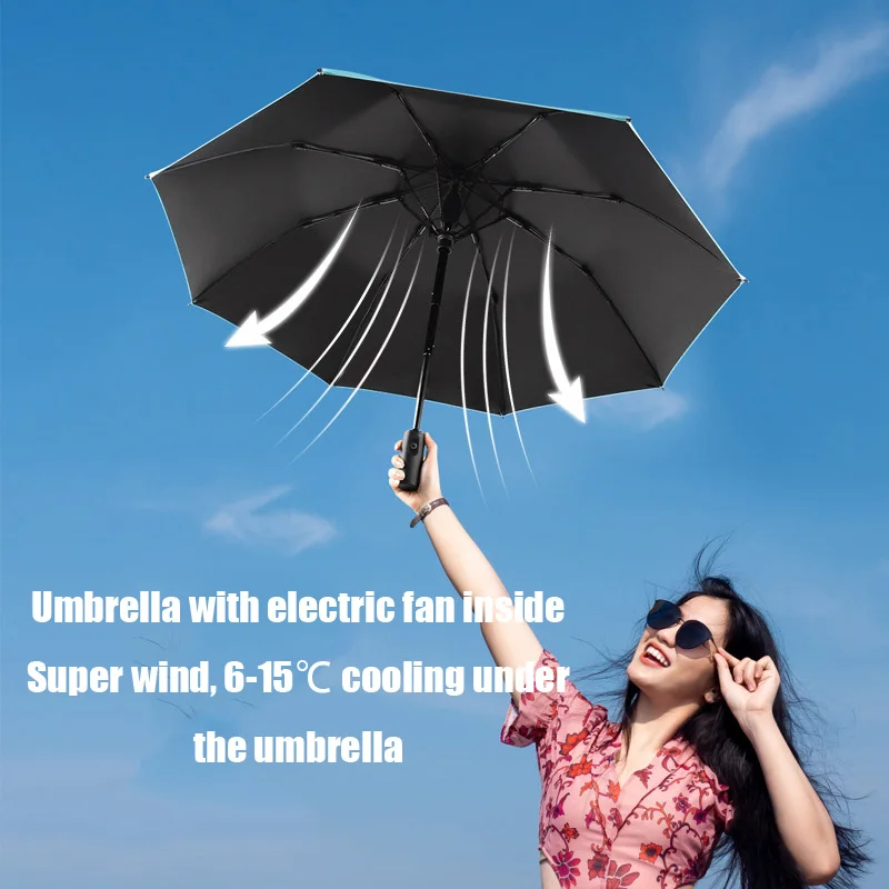 Outdoor USB Chargeable Foldable Umbrella with Fan Beach Parasol Creative Portable UV Umbrella Folding Beach folding umbrella