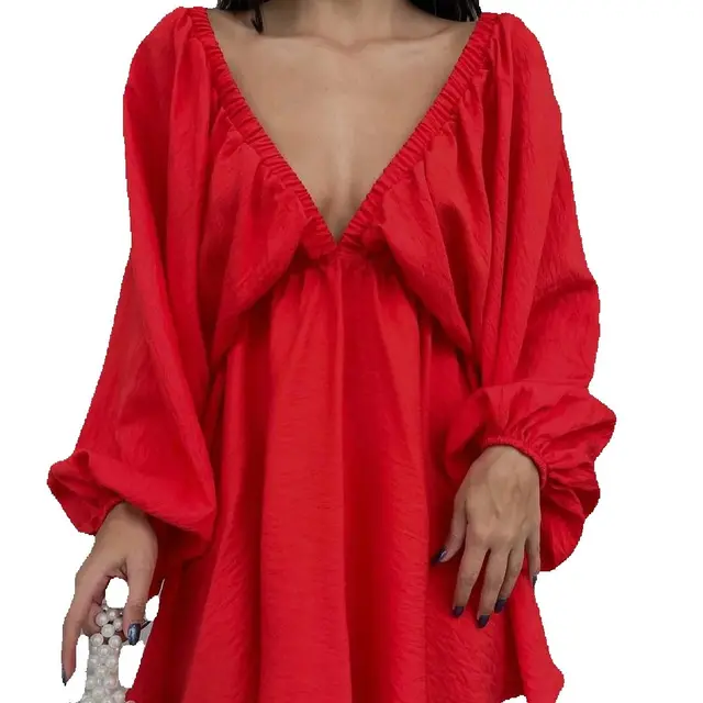 Novo vestido casual de manga comprida com decote em v com mangas bolha e saia grande balanço 2025 verão moda feminina mini vestidos soltos