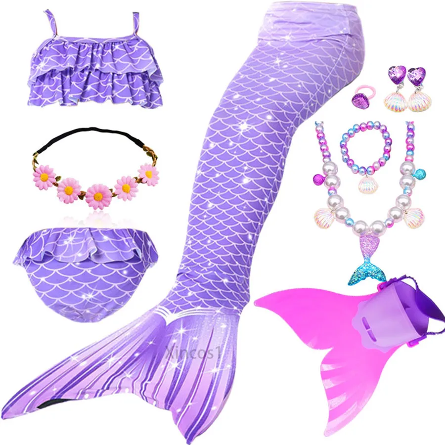 Kids Girls Swimming Mermaid Tail Costume Cosplay with Monofin Princess Dress Swimsuit Bikini Bathing Suit for Swim