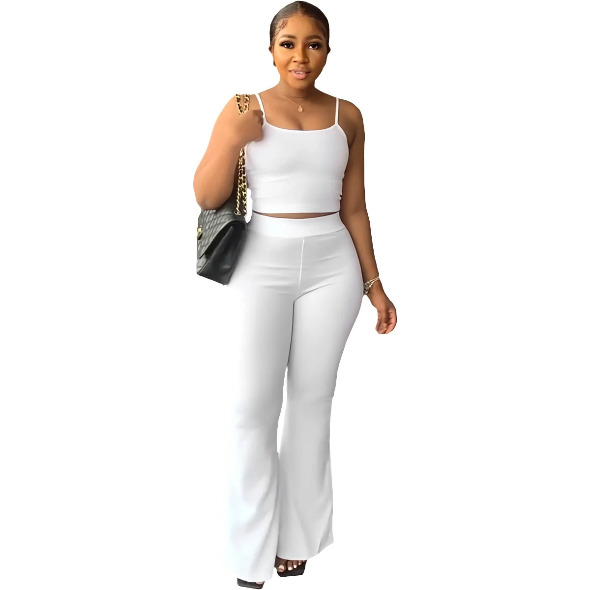 

Summer Women's Solid Suspender Flared Pants Two Piece Set Outfits Simple And Fashionable Crop Top Women Clothes Tracksuits