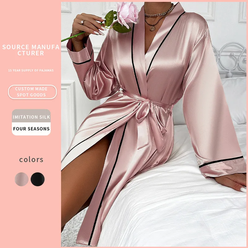 موضة مثير منتصف طول ثوب نوم حرير بسيط الحرير تقليد ملابس المنزل عادية الدانتيل يصل البشكير الصباح العباءات منامة للنساء