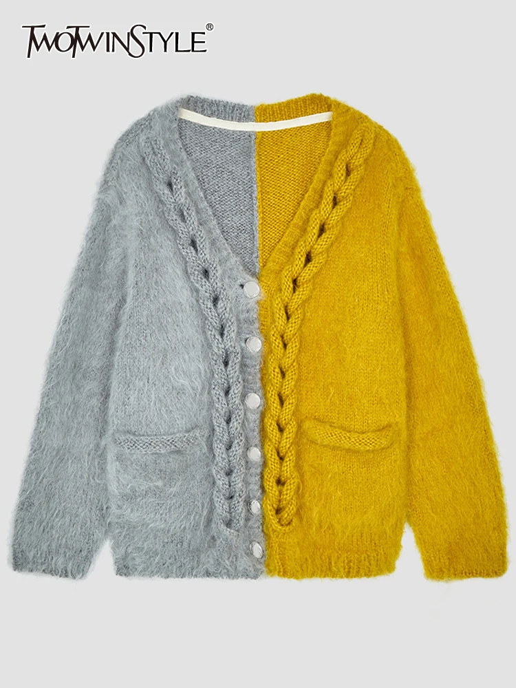 

TWOTWINSTYLE Patchwork Knitting Sweater For Women V Neck Long Sleeve Colorblock Casual Cardigan Female Clothing Fashion Style