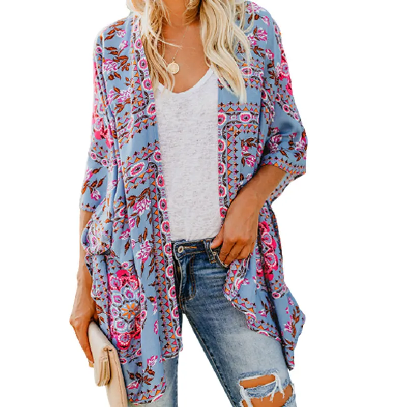 

Women's Loose Top Summer New Beach Floral Print Casual Blouse Female Fashion Sun Protection thin Mid-length Cardigan Long Sleeve
