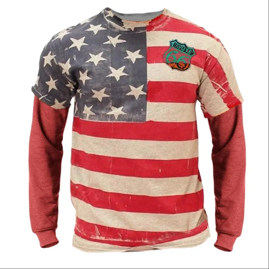 

US Flag 3D Printed Retro Long Sleeved Harajuku Round Neck Men And Women Fashion Daily Casual Street Hip-hop Popular T-shirt Tops