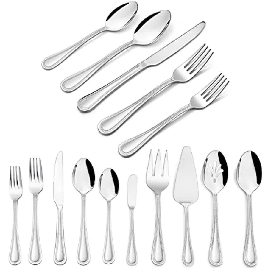 65-Piece Silverware Set with Serving Utensils Stainless Steel Flatware Service for 12 Pearled Edge Tableware Cutlery for Home R