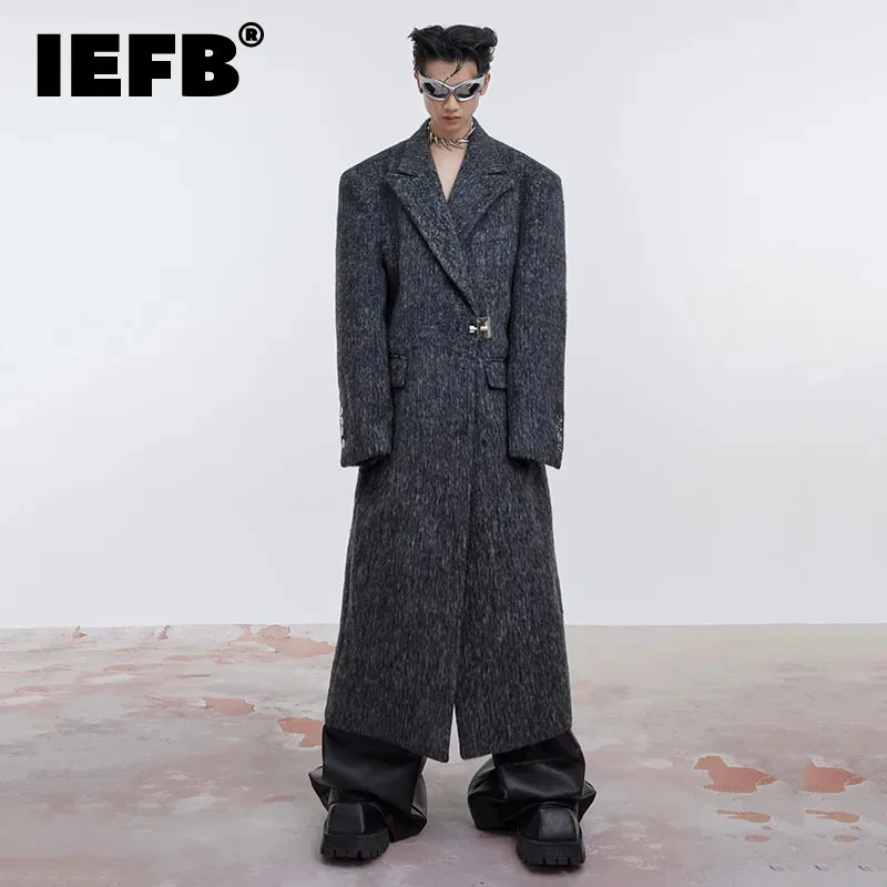 

IEFB Men's Woolen Long Overcoat Silhouette Shoulder Pad Wool Coat Solid Color Loose Knee Length Trench Jackets Autumn New 9C3103