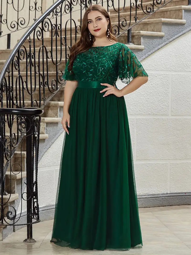 Elegant Evening Dresses O-Neck Sequin Tulle Print Floor Length 2024 New Ever Pretty of Sleeve Plus size Prom Dress for women