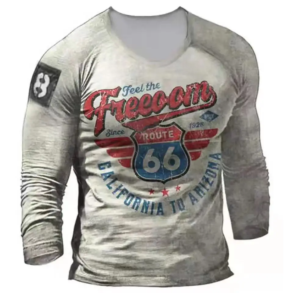Fashion Vintage Men's T Shirts Oversized Loose Clothes Vintage Long Sleeves Us Route 66 Letters  3d Printed T Shirts Eu Size 5xl