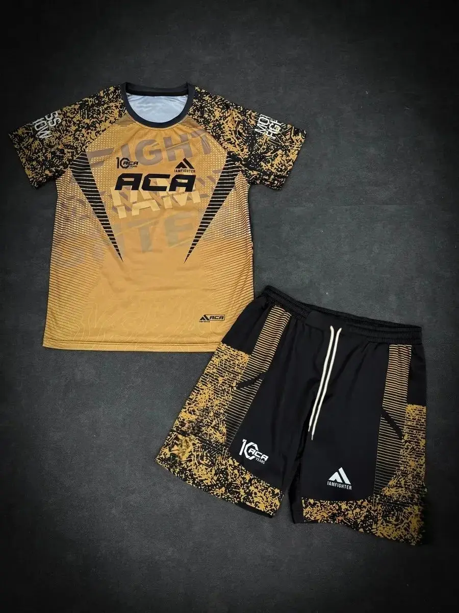 2026 뉴 ACA IAMFIGHTER 스포츠 세트 남성용 카키 블랙 카모 그래픽 래쉬가드 상의 & 반바지 속건성 MMA 트레이닝 컴뱃 슈트