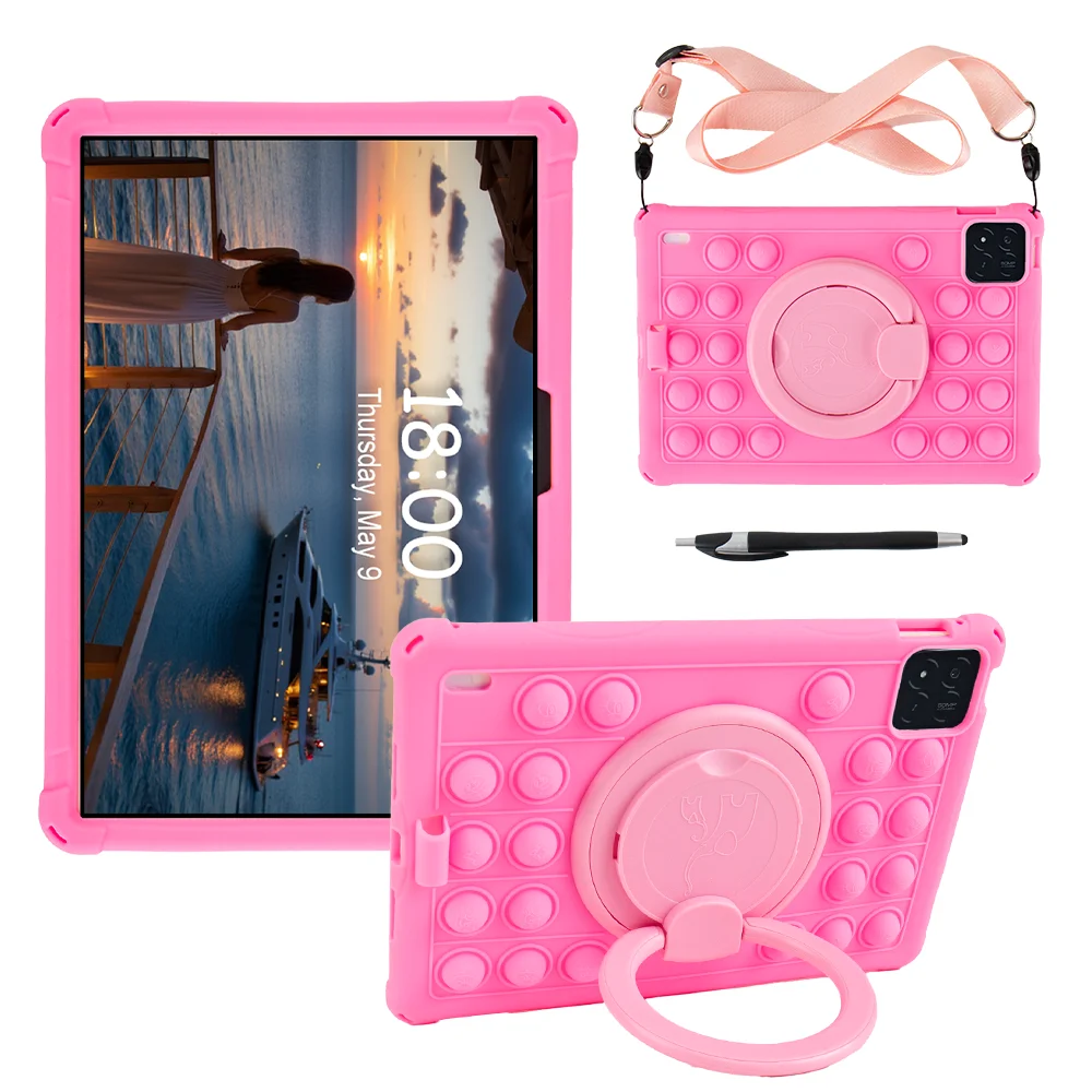 Soft Silicone Kids Tablet Case with 360° Rotating Stand, Handle Grip, Shoulder Strap, and Shockproof Protection