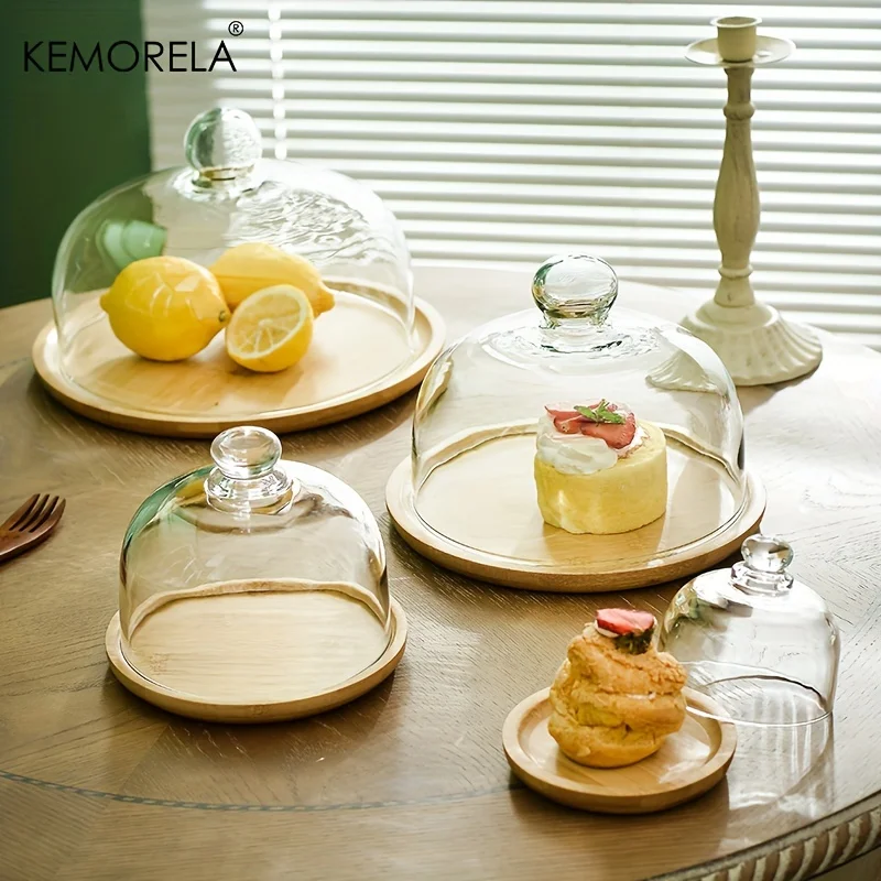 KEMORELA Bamboo Cake Stand with Clear Glass Lid Dustproof