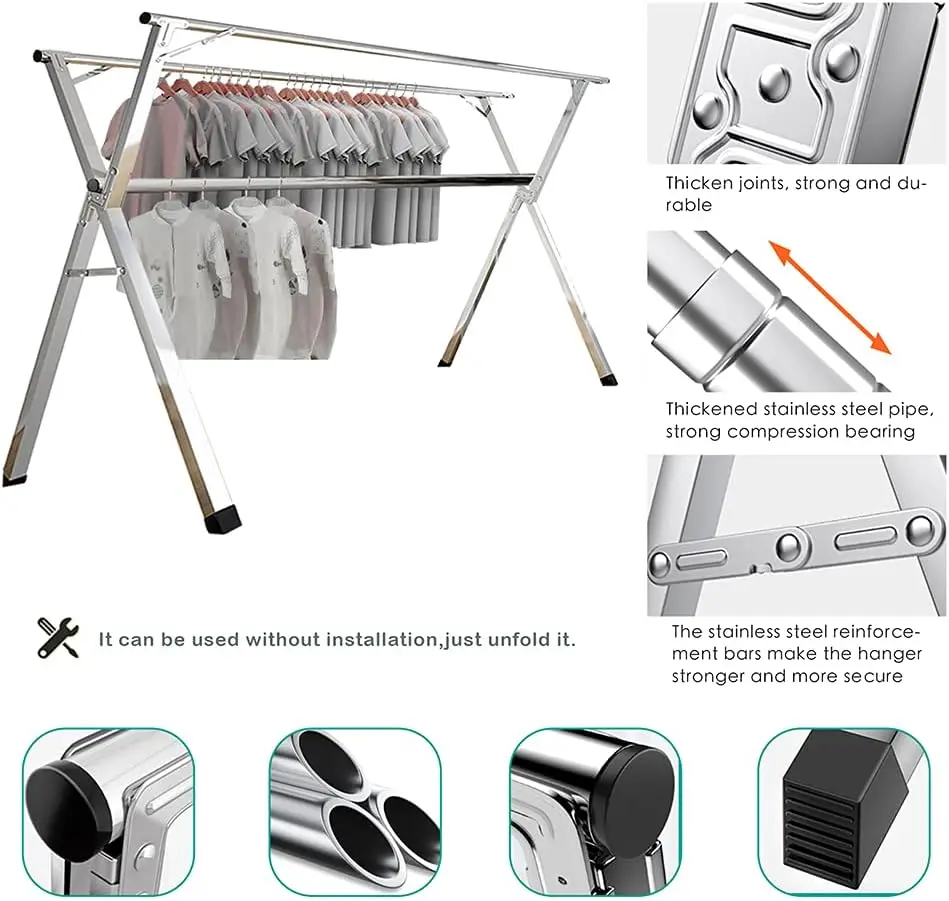 Clothes Drying Rack for Laundry Foldable, 79 inch Stainless Steel Pool Towel Rack Outdoor Free Standing Clothing Hanger Indoor 3