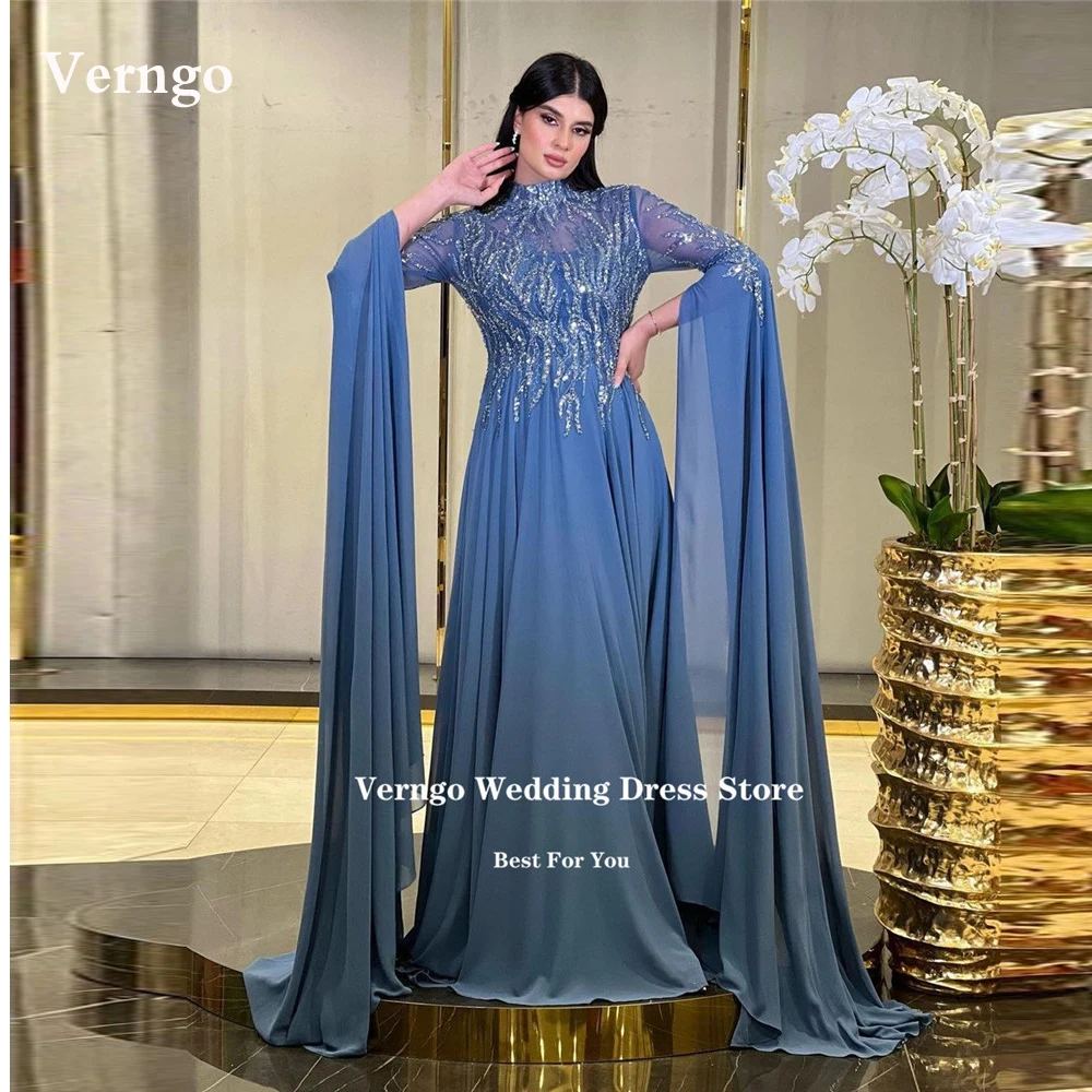 

Verngo Shiny Lace Chiffon Dubai Arabic Evening Dresses Dusty Blue High Neck Prom Gowns Formal Special Occasion Dress Plus Size