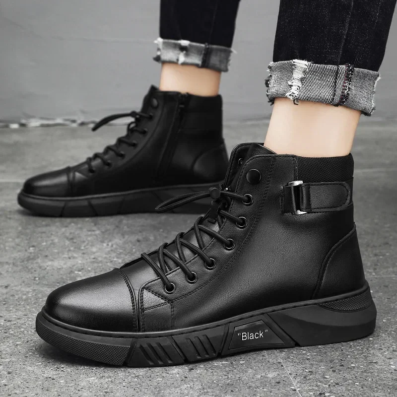 

Men's Boots British Casual Platform Leather Boots for Men Black Motorcycle Boots Winter Comfortable Keep Warm Man Ankle Shoes