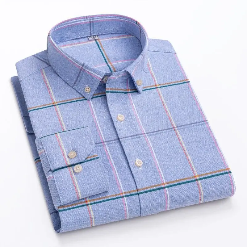 Men's Oxford cotton shirt with plaid stripes, long sleeved pockets, casual shirt, regular style, button up shirt size S~7XL